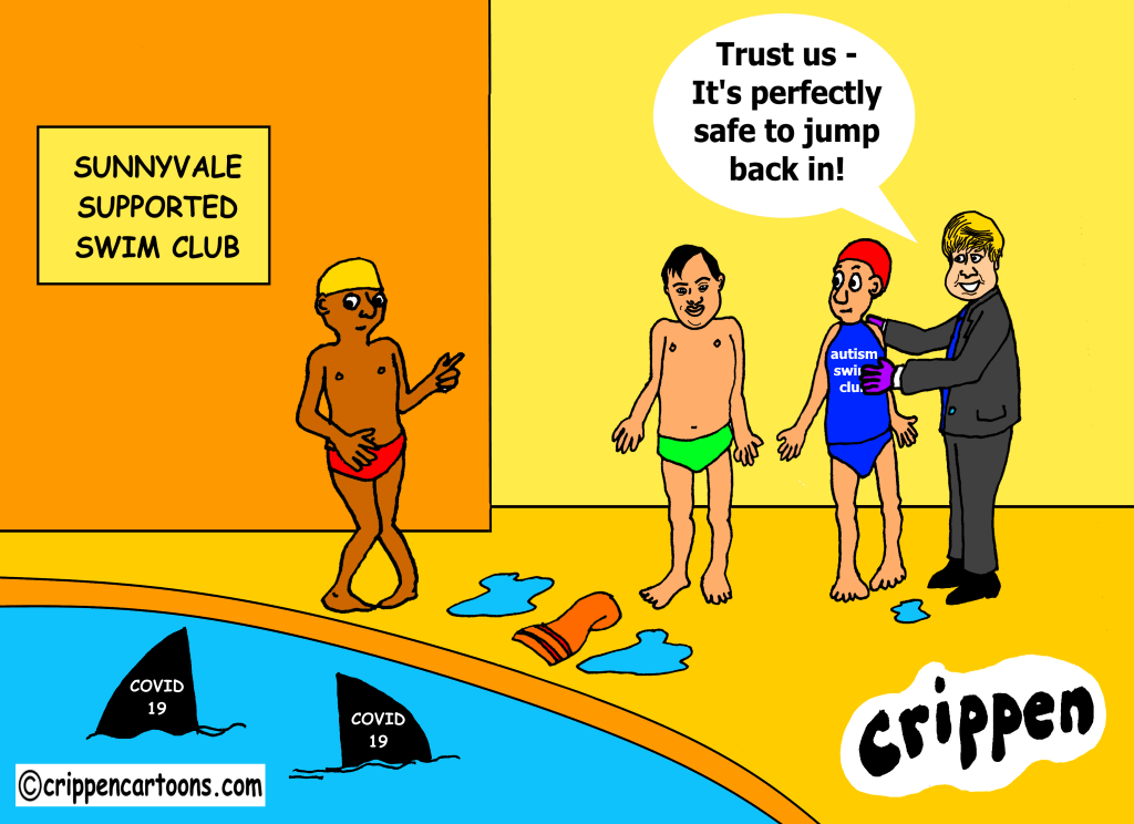 cartoon about learning disabled and autistic people challenging Covid 19 rules